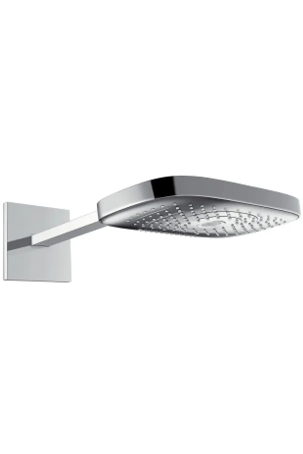 Hansgrohe Kopfbrause mit flacher, quadratischer Duschfläche und Brausearm, montiert an einer Wandhalterung. Oberfläche in Chrom.
